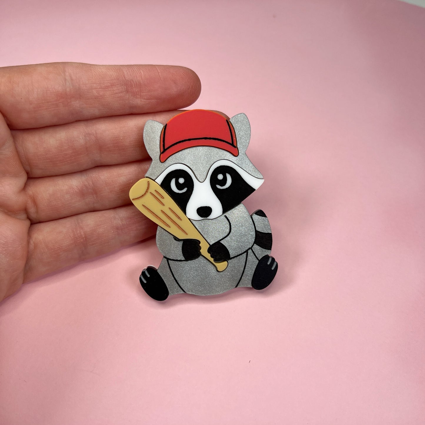 Baseball Raccoon Brooch or Magnet (choose your hat color)