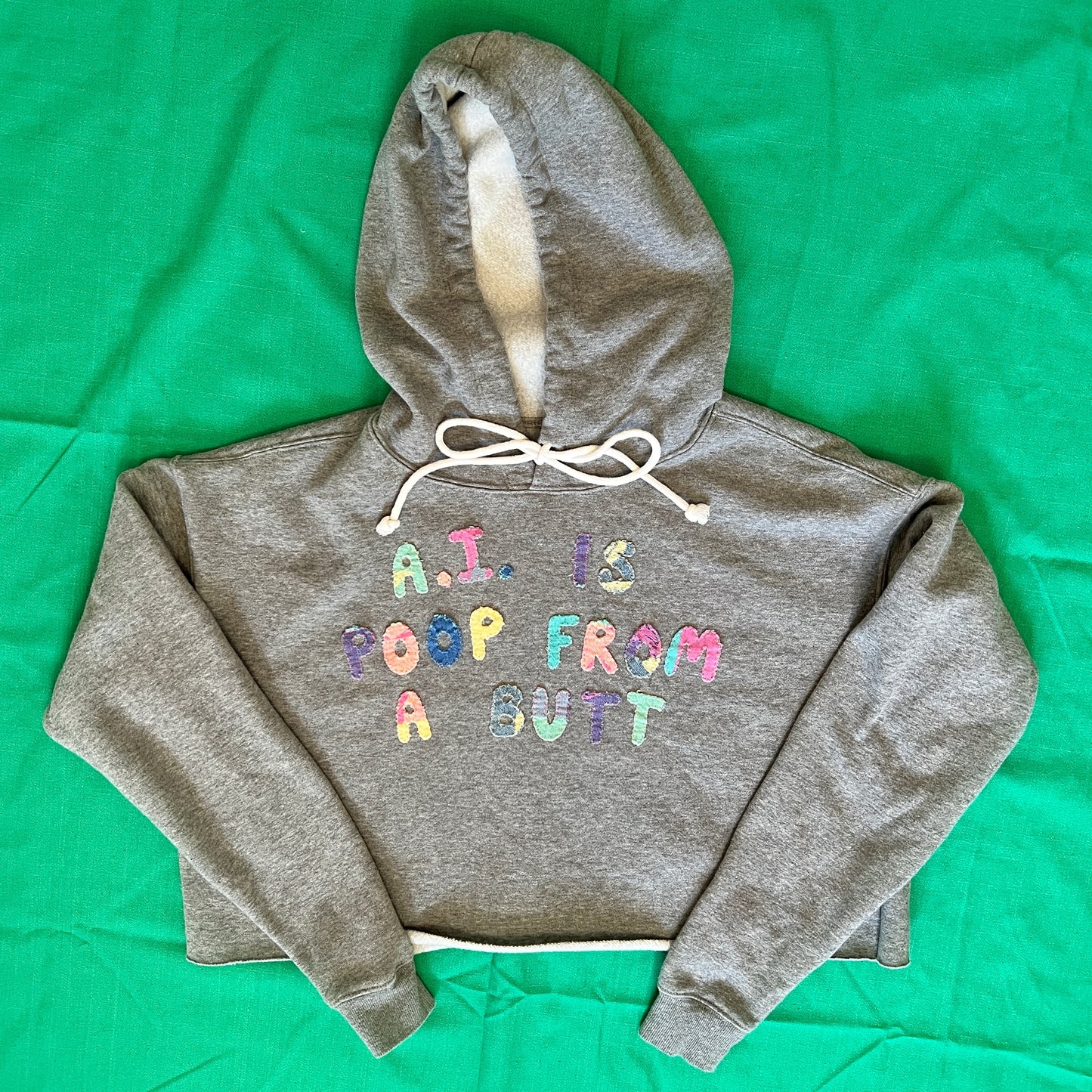 Grey cropped hoodie with multicolor letters