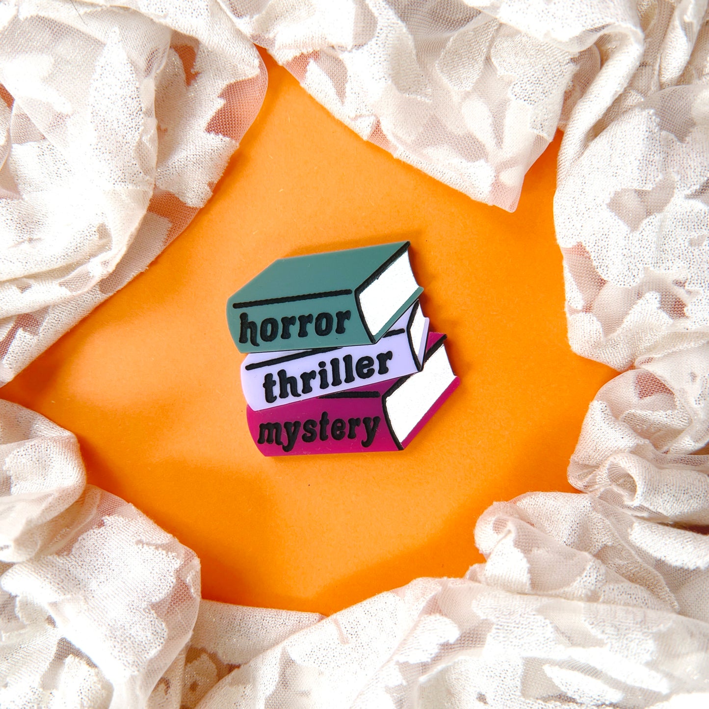 Horror, thriller, mystery book pile brooch or magnet