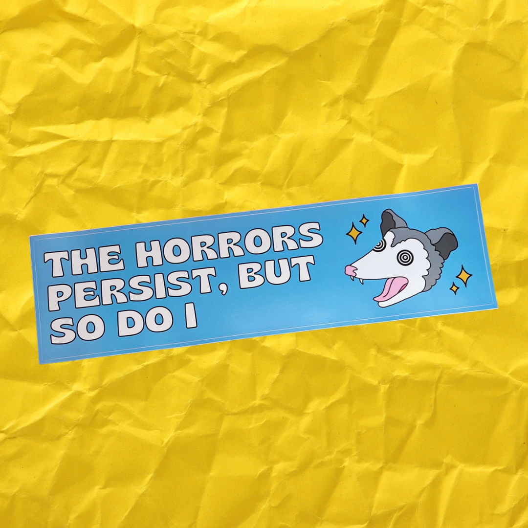 Blue "The Horrors" opossum bumper sticker
