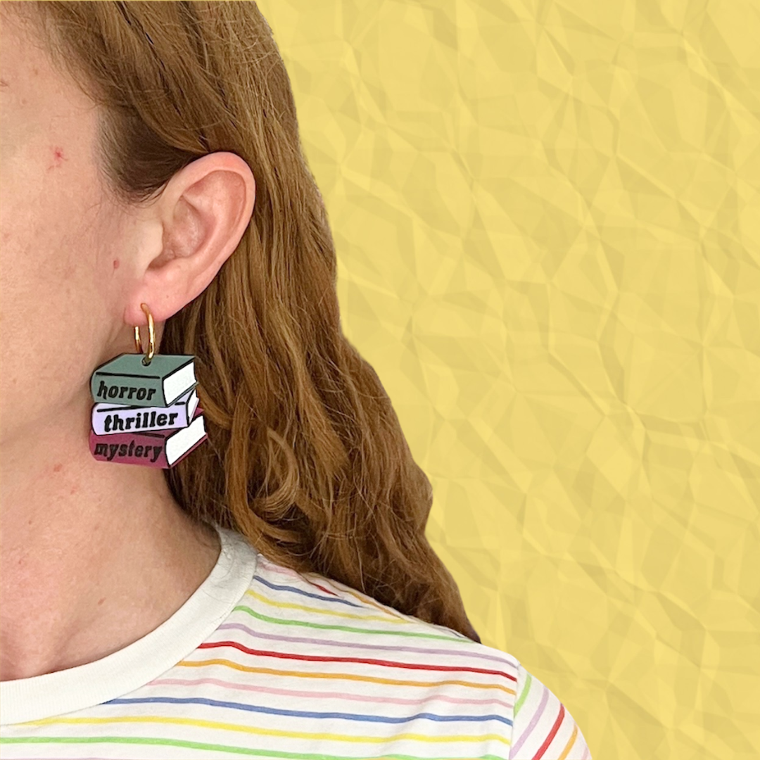 Horror, thriller, mystery book pile earrings
