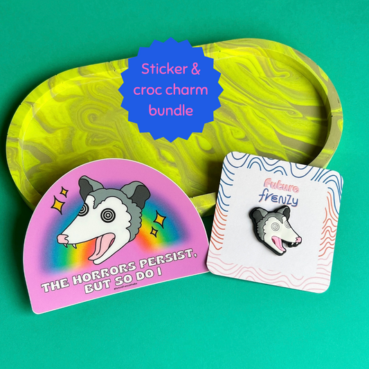 Opossum sticker & shoe stud/charm bundle