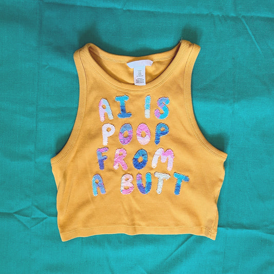 Mustard crop tank with multicolor letters