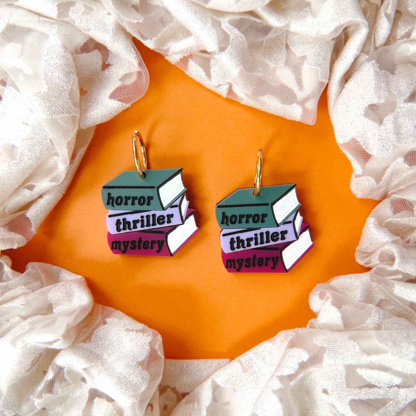 Horror, thriller, mystery book pile earrings