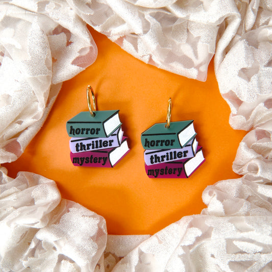 Horror, thriller, mystery book pile earrings