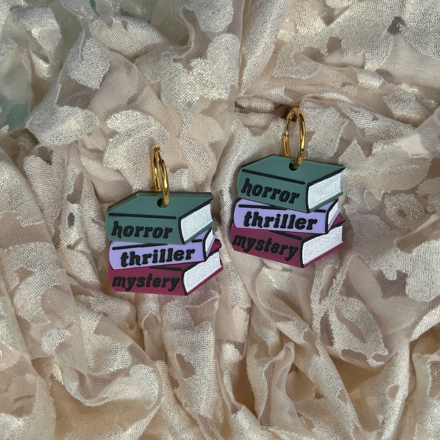 Horror, thriller, mystery book pile earrings