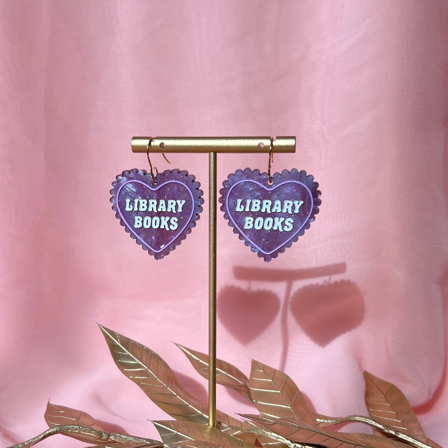 Purple library or used books heart earrings
