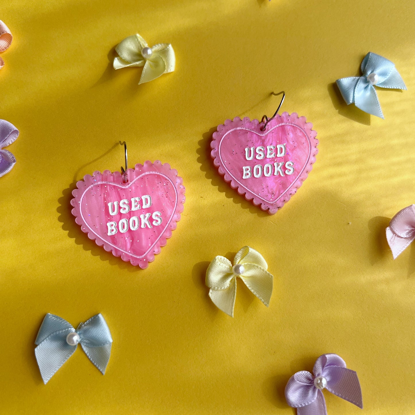 Pink library or used books heart earrings